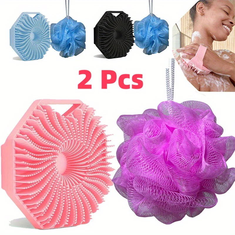 (4 Pieces)  Combination Package - Antibacterial Silicone Body Scrub And Bathroom Mesh Bag Foam Ball Set, Exfoliating Body Scrub, Suitable for Sensitive Light Beige, Bath Scrub, Suitable for Body Silicone Bath Brush